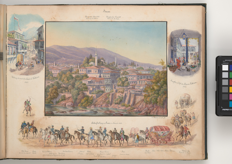 Johann Jakob Falkeisen, der künstlerisch begabte Bruder Emanuel Falkeisens, malte, wie sie beide in Begleitung ihrer Familie sowie der diplomatischen und kaufmännischen Entourage 1843 in der osmanischen Seidenstadt Bursa an kommen. Oben links ist das russische Konsulatsgebäude abgebildet, oben rechts das Haus der Gebrüder Falkeisen.