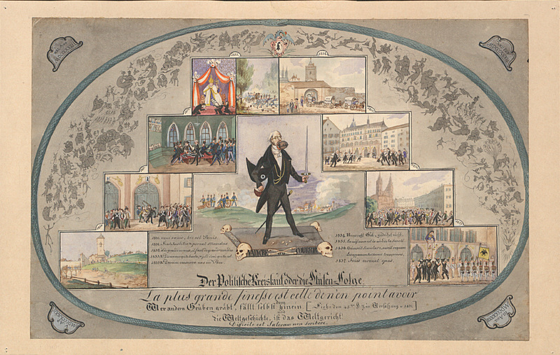 Die Karikatur zeigt in emblemartigen Bildern den Verlauf der Kantonstrennung und eine Zukunftsvision, in der Basel 1837 dem Deutschen Bund beitritt. Satirische Sinnsprüche auf Deutsch, Französisch und Latein kommentieren das Geschehen. In der Mitte ist Bürgermeister Johann Rudolf Frey-Stickelberger auf einer Grabplatte stehend abgebildet. Die harte Nuss in seinem Mund trägt den Namen des Dorfes Pratteln, könnte aber für die landschaftliche Revolution generell stehen. Die Basler Stadtbürgerschaft beisst sich an dieser förmlich die Zähne aus.