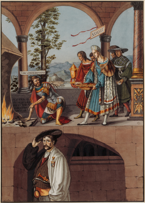 Der römische Heerführer Manius Curius Dentatus verweigert wertvolle Geschenke der Samniten, während im Vordergrund ein Basler Bote mit Botenbüchse und schwarzweißer Kleidung zu sehen ist. Angesichts der Debatte um die Rechtmäßigkeit von Geschenken und die Beeinflussung der städtischen Politik nach dem Beitritt Basels zur Eidgenossenschaft war die Wahl dieses Sujets alles andere als zufällig.