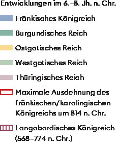 Räumliche Entwicklung ausgewählter frühmittelalterlicher Territorien in Mittel- und Westeuropa zwischen 476 und 814 n. Chr. Es handelte sich um administrative Einheiten, die aus den Schriftquellen bekannt sind und von der älteren Forschung mit bestimmten Völkern gleichgesetzt wurden.