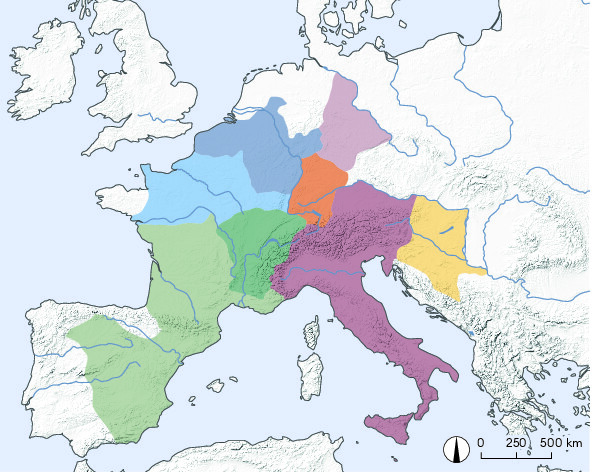 Räumliche Entwicklung ausgewählter frühmittelalterlicher Territorien in Mittel- und Westeuropa zwischen 476 und 814 n. Chr. Es handelte sich um administrative Einheiten, die aus den Schriftquellen bekannt sind und von der älteren Forschung mit bestimmten Völkern gleichgesetzt wurden.