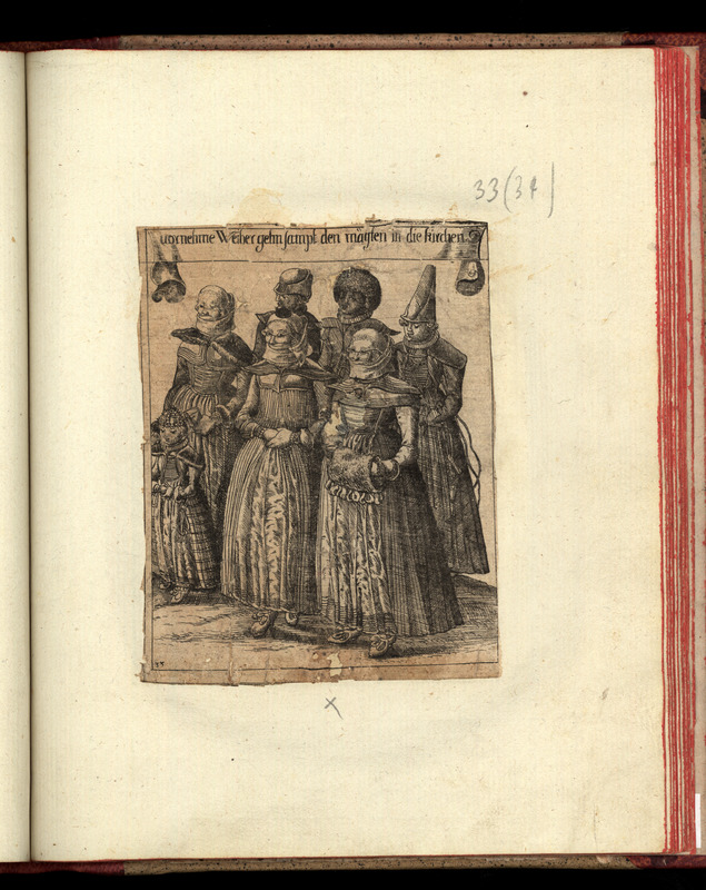 In seinem Kostümbuch zeigt Glaser die Kleidung der verschiedenen Stände. Auf dem Bild sind Frauen aus der Oberschicht mit Gesichtsschleier auf dem Weg zur Kirche zu sehen, während ihre Mägde im Hintergrund an den Hüten als ledige Frauen zu erkennen sind.