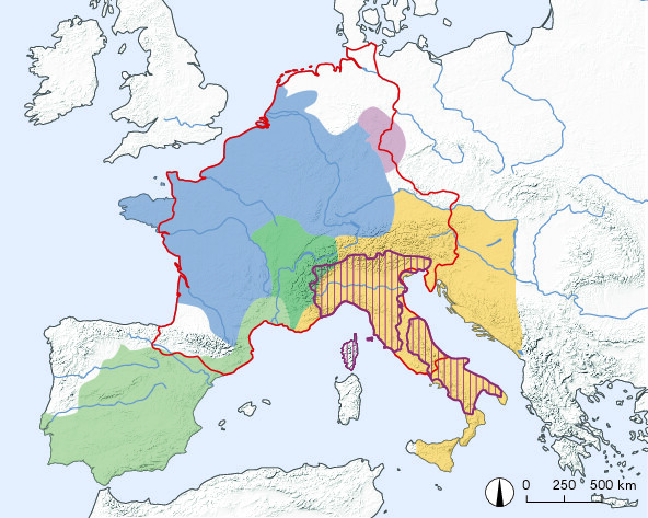 Räumliche Entwicklung ausgewählter frühmittelalterlicher Territorien in Mittel- und Westeuropa zwischen 476 und 814 n. Chr. Es handelte sich um administrative Einheiten, die aus den Schriftquellen bekannt sind und von der älteren Forschung mit bestimmten Völkern gleichgesetzt wurden.