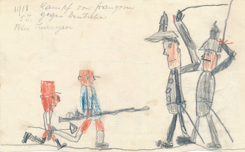 Auch für die Kinder war der Krieg ein dominierendes Thema, wie der Bandfabrikant Emil Seiler-La Roche 1919 in seinen Erinnerungen notierte: «In der ganzen Stadt waren die Kinder eifrig bemüht Soldäterlis zu spielen, auch die grösseren Knaben machten mit und liessen sich neue feldgraue Uniformen machen und zogen unter Trommelklang durch die Strassen […]» (StABS, PA 743 A 1 1.1, Zum Kriegsausbruch anno 1914 und weiter, 1919). Die Zeichnung des fünfjährigen Peter Thurnysen aus dem Jahr 1918 zeigt zwei Franzosen im Kampf gegen zwei deutsche Soldaten mit Pickelhaube.