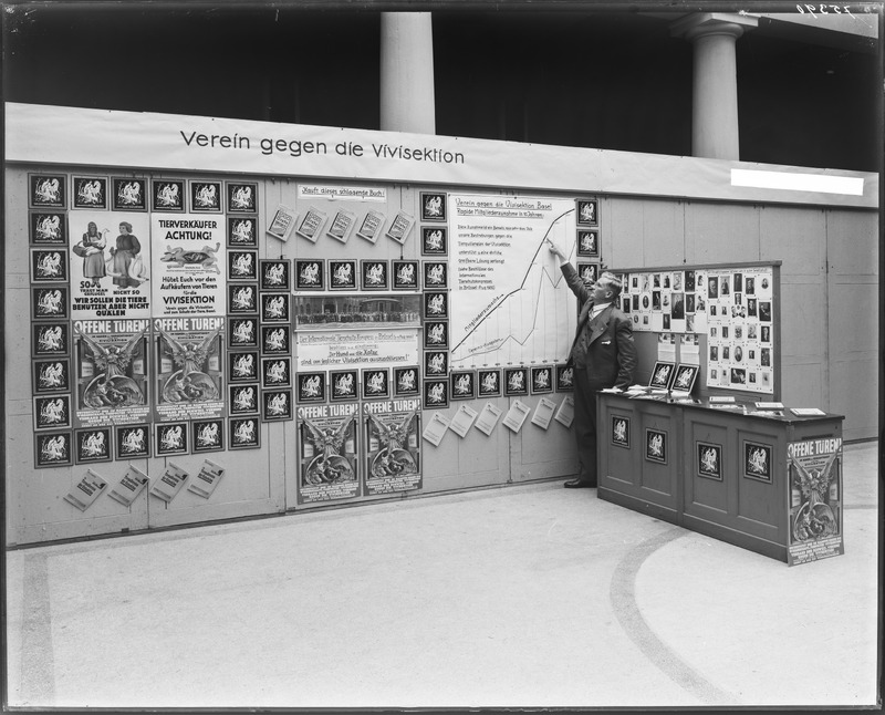 Der Basler ‹Verein gegen die Vivisektion› forderte ein Versuchsverbot an sogenannten «Hochtieren» wie Hunden und Katzen. Der gemässigtere ‹Tierschutzverein› hingegen lehnte ein solches Verbot ab. Diese Differenz führte mutmasslich zur Retusche des Fotos: Wie die Glasplatte des Fotonegativs zeigt, trug der Standplatz neben dem ‹Verein gegen die Vivisektion› die Überschrift ‹Basler Tierschutzverein›. Diese Beschriftung wurde für die Belichtung aber abgeklebt und damit auf dem Fotopositiv ausradiert (als Balken zu erkennen).