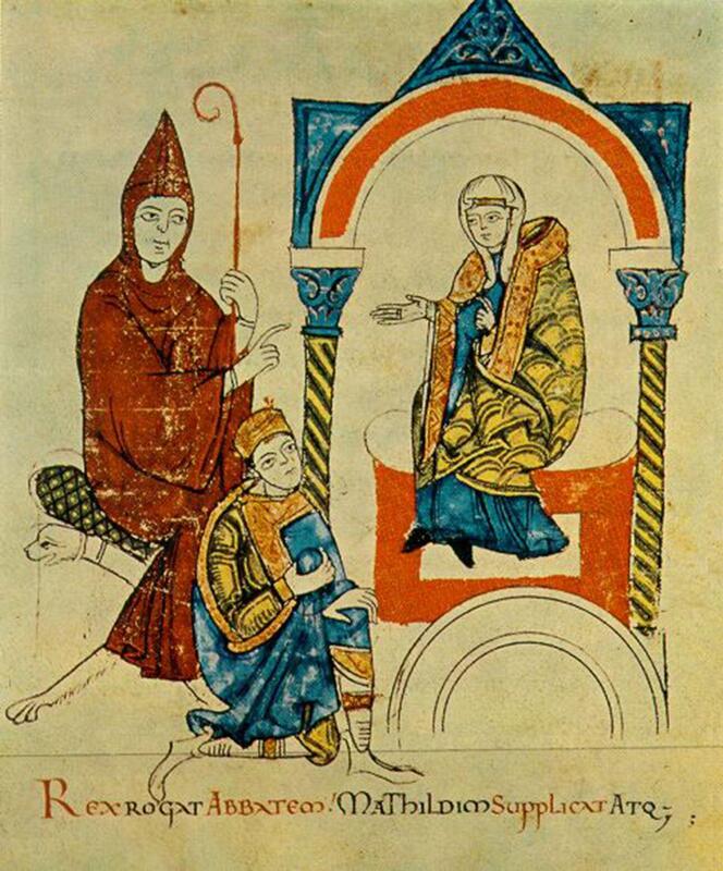 Die Darstellung aus der in der Bibliotheca Apostolica Vaticana aufbewahrten Handschrift zeigt den Gang nach Canossa: Markgräfin Mathilde von Tuszien und Abt Hugo von Cluny sollen als Fürsprecher dafür sorgen, dass Papst Gregor VII. sich mit Heinrich IV. versöhnt; Hugo ist der Pate des Königs. Die Bildunterschrift lautet übersetzt: «Der König trägt dem Abt seine Bitte vor und geht vor Mathilde demütig in die Knie».