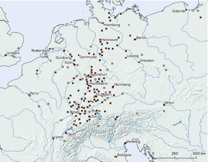 Anhand der Wasserzeichen der Basler Papiermühlen lässt sich nachweisen, dass Basler Papier in Europa weit verbreitet war. Dies betrifft vor allem eine Region nordöstlich von Basel bis in den hohen Norden (Kartengrundlage: Kälin 1974, S. 209).