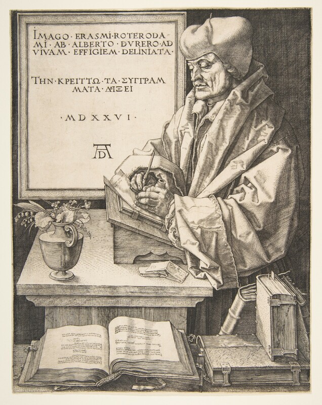 «Das Bildnis des Erasmus von Rotterdam, gezeichnet von Albrecht Dürer» verkündet die auf antike Vorbilder verweisende Inschrifttafel auf Latein – und fügt auf Griechisch hinzu: «Das bessere [Bild] werden seine Schriften zeigen». Zu den Schriften gehören nicht nur die in den Vordergrund gerückten Bücher. Neben dem Schreibpult, erkennbar an der typischen Faltung, liegt ein Brief, und einen ebensolchen adressiert Erasmus gerade. So zeigt Dürers Kupferstich auch, wie Erasmus an seinem Bild schreibt. Das Porträt, hier sogar ein reproduzierbares, war in den zurückliegenden Jahrzehnten Teil der gelehrten Selbstdarstellung geworden, die eben doch keine rein schriftliche Angelegenheit war (Beyer 2011)