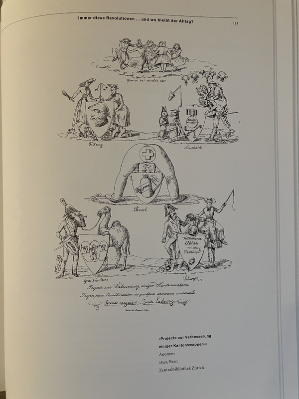 Der Ausschnitt aus einem Berner Spottbild illustriert, wie ‹Basel› – genau genommen Basel-Stadt – sich von der Schweiz abwendet und ihr bloss den Hosenboden sowie ein Wappen mit einem Geldsack und einem aufgeschlagenen Buch namens ‹Traktätlein für die Lämmlein Gottes› zeigt.