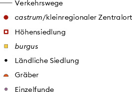 Siedlungslandschaft im Umfeld des Kastells Kaiseraugst gemäss dem aktuellen Forschungsstand. Kartiert sind die bekannten Fundstellen des späten 3. und 4. Jahrhunderts n. Chr.