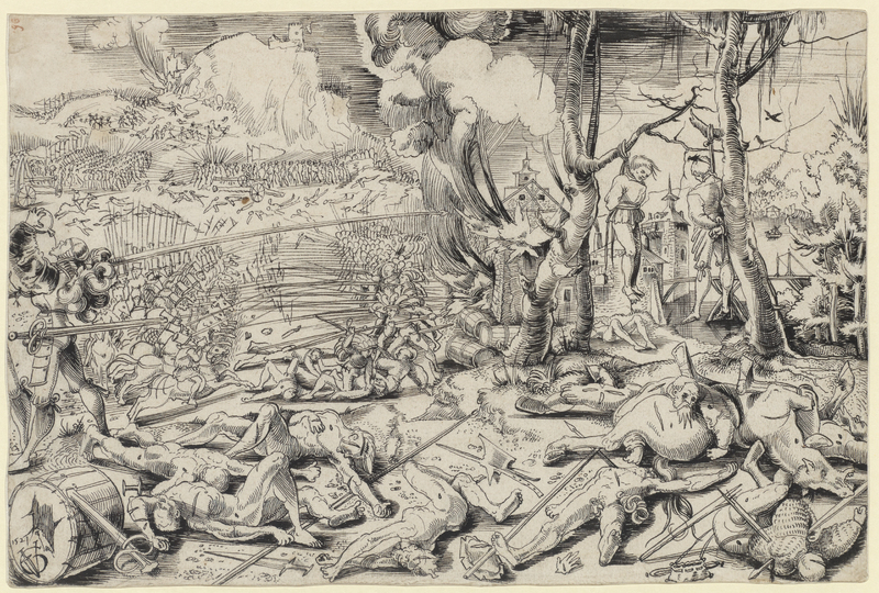 Der Solothurner Goldschmied Urs Graf ließ sich 1509 in Basel nieder. Dank Ämtern und dem Einkommen aus dem Solddienst erlangte er Wohlstand, kam zugleich jedoch wegen seines Hangs zur Gewalt immer wieder mit dem Gesetz in Konflikt. Eine ähnliche Gegensätzlichkeit findet sich in seinen Federzeichnungen in der Darstellung von Söldnern und den Mailänder Kriegen, an denen er zwischen 1510 und 1521 teilnahm. Dem stolzen Imponiergehabe der Söldnerporträts stehen die Schrecken des Krieges gegenüber; besonders sticht die Federzeichnung ‹Schlachtfeld› heraus, die vermutlich das Gemetzel der Schlacht von Marignano 1515 darstellt.