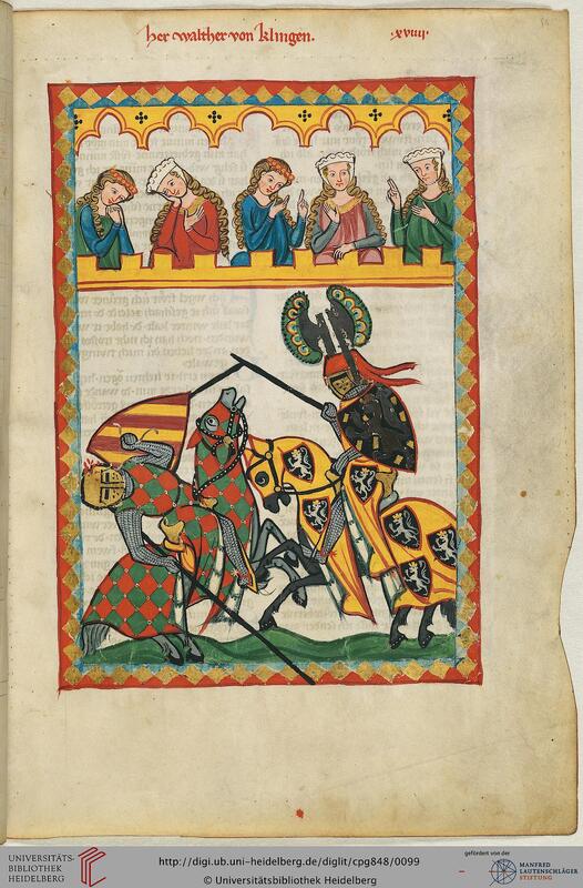Walter von Klingen (Klingnau bei Zurzach) ist urkundlich belegt seit 1240 und gestorben in Basel 1286. Seine Familie gehörte zu den führenden Basler Adelsgeschlechtern. Das Bild weist ihn trotz seines kriegerischen Auftretens als Minnesänger aus. Daneben loben ihn die Quellen als Mann von Zuverlässigkeit, Grosszügigkeit und ritterlicher Zucht. Er war Parteigänger Rudolfs von Habsburg und gründete das Frauenkloster Klingental in Kleinbasel.