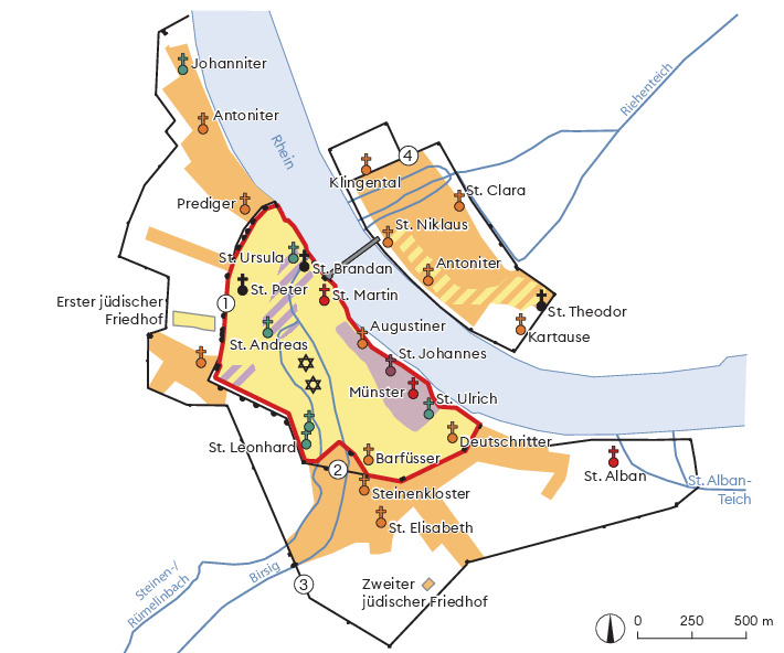 Die Karte zeigt den fast deckungsgleichen Verlauf der Burkhardschen Stadtmauer mit der Inneren Stadtmauer. Erst nach dem Erdbeben von 1356 erweiterte sich dank der Äusseren Stadtmauer das geschützte Wohngebiet. Bis ins 19. Jahrhundert blieb dies der Lebensraum der städtischen Bevölkerung.