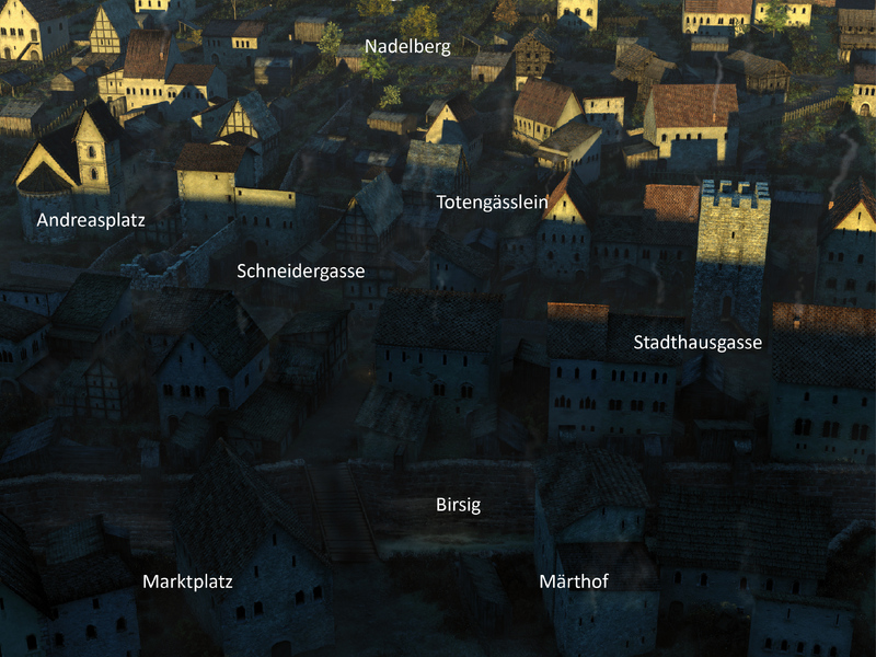 Das Lebensbild zeigt das Viertel zwischen Birsig/Nadelberg und Andreasplatz/ Stadthausgasse, wie es sich um 1250 im ersten Frühlicht vom Turm der Martinskirche aus geboten haben könnte. Noch steht der Wehrturm an der Stadthausgasse, während derjenige an der Schneidergasse 12 bereits abgebrochen wird. Der offene Birsig verläuft zwischen festen Kanalmauern, die Aufteilung der Parzellen sowie der Bau der schmalen gassenständigen Häuser haben noch kaum eingesetzt.