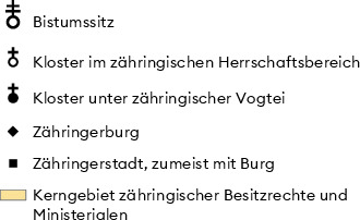 Die Karte zeigt das Kerngebiet des zähringischen Besitzes, der die Sprachgrenze überschreitet und viele neugegründete Städte enthält. Das Aussterben der Dynastie im Jahre 1218 veränderte die Herrschaftsverhältnisse am Oberrhein und im Mittelland grundlegend.