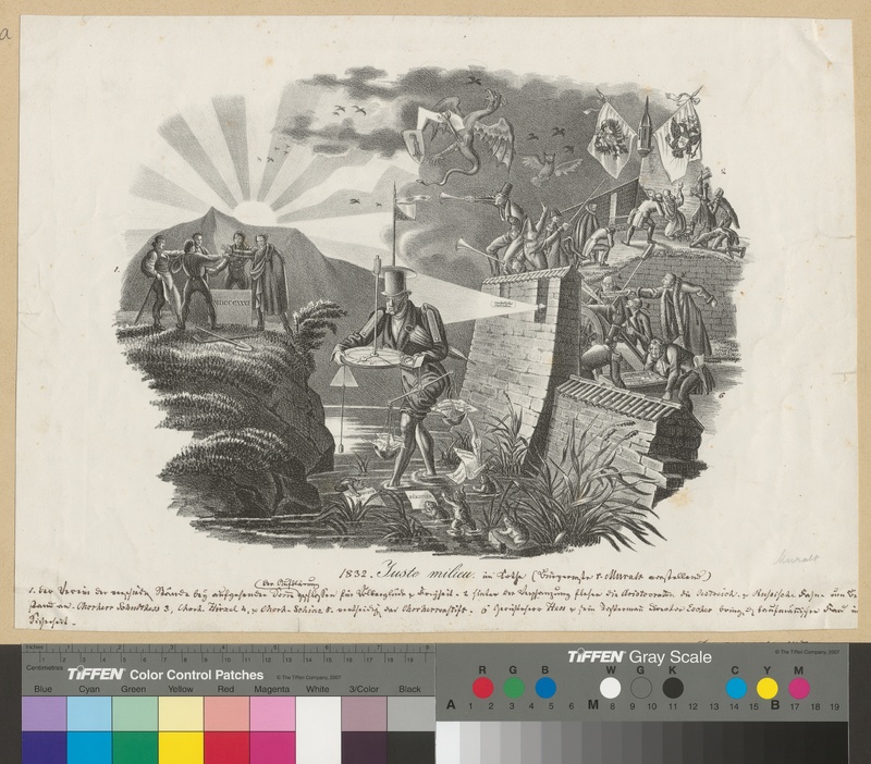 Die mit einer handschriftlichen Notiz ergänzte Lithografie kommentiert die politische Situation in Zürich um 1831/32, als der Freisinn dank einer liberalen Verfassung und Neuwahlen die Macht übernahm. In der oberen Bildmitte ist ein Basilisk mit dem Basler Wappen zu erkennen. Basel kämpft zusammen mit den reaktionären Kräften Zürichs, die sich aufgeregt hinter einer Mauer verschanzt haben und sich unter die Fahnen der mächtigsten Staaten der Restauration, Österreich und Russland, stellen. Gegenüber versammeln sich die selbstbewussten Kräfte der Regeneration, für welche die auf-gehende Sonne strahlt. Genau dazwischen, also im ‹Juste Milieu›, watet der Zürcher Bürgermeister Muralt durch einen Sumpf. Er findet keinen klaren Weg, und seine Lektüre – darunter die reaktionäre ‹Basler Zeitung› – flattert hinab zu den Fröschen ins trübe Wasser. Einer der Sonnenstrahlen hat Basel, dessen Landschaft sich gerade von der Stadt trennt, mitten ins Herz getroffen.