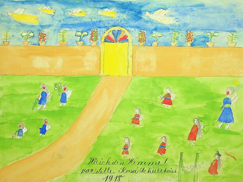 Religiöse Sujets waren auf Kinderzeichnungen oft anzutreffen. Junge Künstler und Künstlerinnen waren mit biblischen Geschichten und Motiven offensichtlich vertraut. So auch die zwölfjährige Baslerin Rosa Schultheiss, die den Himmel auf ihrem Bild mit zahlreichen Engeln ausstattete (vgl. Buri; Lehninger 2022).