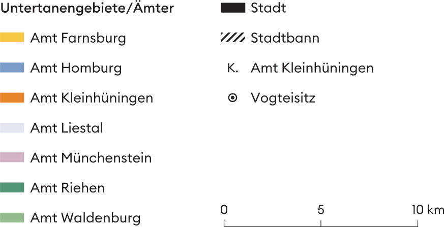 Die Landschaft Basels war in sieben Verwaltungsbezirke unterteilt: die Landvogteien Farnsburg, Homburg, Waldenburg, Liestal, Münchenstein, Riehen und Kleinhüningen. An der Spitze jeder Vogtei stand ein Landvogt, der im Auftrag des Rats das Polizei-, Steuer- und Militärwesen regelte.