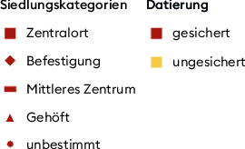 38 Siedlungen im Gebiet des südlichen Oberrheingrabens bis zum Hochrhein. Auf der linken Karte sind die Fundstellen eingetragen, die aus der gleichen Zeit wie die Zentralsiedlung Basel-Gasfabrik stammen (2. Jahrhundert v. Chr.)