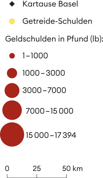 Die Karte zeigt die säumigen Schuldner und Schuldnerinnen des Basler Kartäuserklosters im Jahr 1660. Weitere, auf der Karte nicht dargestellte Schuldner waren der römisch-deutsche König (1743 lb), das Fürstentum Österreich (4876 lb) und die Landschaft Baden (9250 lb).