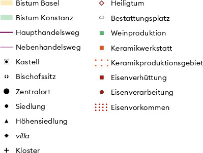 Ein dichtes Netz an Verkehrswegen verband Basel über Land und Wasser. Die Karte zeigt eine Auswahl der wichtigsten ländlichen Siedlungen, bedeutender Kultorte und Handelsplätze sowie Rohstoffvorkommen in der Umgebung Basels.