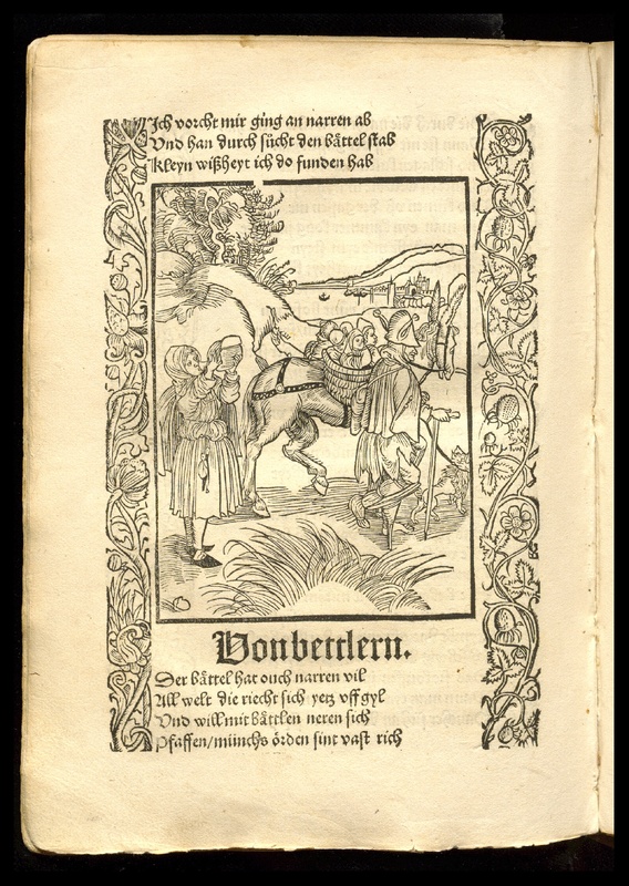 Der Text zum umherziehenden Bettlerpaar mit großer Kinderschar lautet: "Mancher duot baettlen by den joren / So er wol wercken moeht vnd kundt / Und er jung starck ist vnd gesundt / Wann das er sich nit wol mag bucken / Im staeckt eyn schelmen beyn im rucken" – wer ein Schelmenbein im Rücken hatte, war ein Faulenzer (Idiotikon, Bd. 4, Sp. 1302).