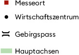Basel lag im europäischen Handel vor 1500 günstig im Schnittpunkt einer wichtigen Nord-Süd-Achse und der West-Ost-Achse (Kartengrundlage: Irsigler 2003, S. 233).