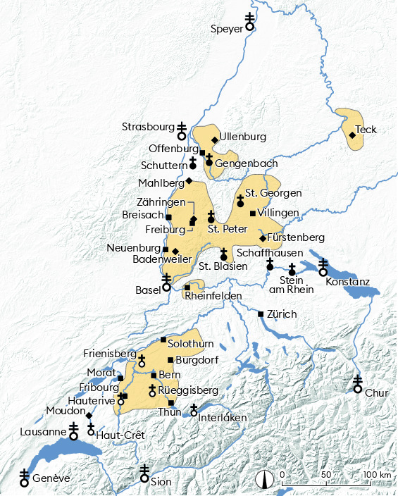 Die Karte zeigt das Kerngebiet des zähringischen Besitzes, der die Sprachgrenze überschreitet und viele neugegründete Städte enthält. Das Aussterben der Dynastie im Jahre 1218 veränderte die Herrschaftsverhältnisse am Oberrhein und im Mittelland grundlegend.