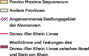 Die spätrömische Provinzeinteilung nördlich der Alpen und das angenommene alamannische Siedlungsgebiet. Die Provinz Maxima Sequanorum entstand im Jahr 297 durch Aufteilung der ehemaligen Provinz Germania Superior im Rahmen der Verwaltungs- und Militärreformen unter Kaiser Diokletian. Sie war in vier Regionen unterteilt: Die civitas Vesontiensium (Hauptort Besançon), die civitas Helvetiorum (Avenches),die Colonia Iulia Equestris (Nyon) und die Colonia Augusta Raurica (Augst/Kaiseraugst).