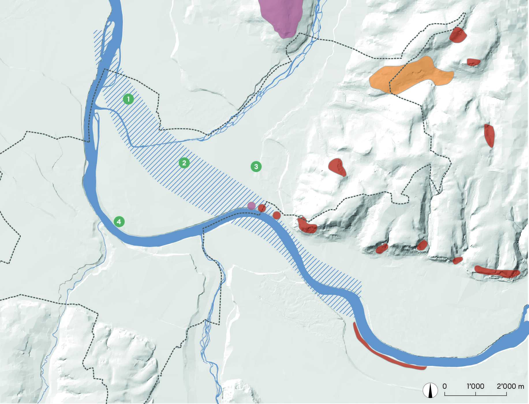 Die Karte zeigt die Region um Basel mit dem hypothetischen, rekonstruierten Verlauf von Rhein, Birs, Birsig und Wiese vor den Begradigungen und Korrekturen des 19. Jahrhunderts. Eingezeichnet sind ausserdem die in diesem Kapitel erwähnten Bodenaufschlüsse sowie die bekannten, teils seit der Antike ausgebeuteten Steinbrüche.