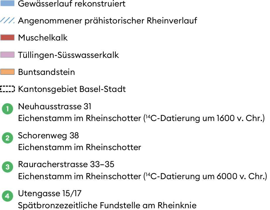 Die Karte zeigt die Region um Basel mit dem hypothetischen, rekonstruierten Verlauf von Rhein, Birs, Birsig und Wiese vor den Begradigungen und Korrekturen des 19. Jahrhunderts. Eingezeichnet sind ausserdem die in diesem Kapitel erwähnten Bodenaufschlüsse sowie die bekannten, teils seit der Antike ausgebeuteten Steinbrüche.