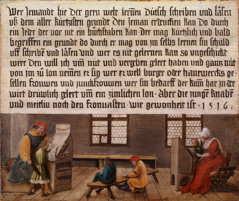 Die hier abgebildete Seite des sich selbst auf 1516 datierenden Schulmeisterschilds wird Ambrosius (und Hans?) Holbein zugeschrieben. Die Brüder malten das Schild wahrscheinlich für den befreundeten Humanisten Oswald Myconius, der damals die Lateinschule von St. Theodor leitete, dort jedoch keineswegs Anfängerunterricht gab. Aus diesem Grund zeigt die Tafel kaum den Alltag von Myconius, sondern – als Genrebild und mit der schriftlichen Einladung an alle und jeden, das Lesen und Schreiben zu erlernen – ein humanistisches Bildungsideal