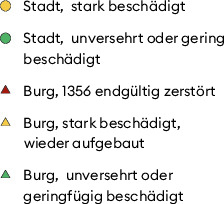 Neben Basel traf das Erdbeben auch andere Städte und vor allem Burgen, die mit ihren hoch aufragenden Türmen besonders gefährdet waren. Die Karte (nach Meyer 2006) beruht auf chronikalischen Berichten und archäologischen Befunden. Sie zeigt auch, wie viele Burgen die Region damals prägten.