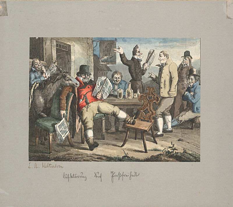 Kelterborn stand während der Kantonstrennung auf der Seite der Stadt. Die Karikatur agitiert gegen die unzensierte Presse, welche die radikal-liberalen Kreise forderten. Diese wird als Lektüre für überspannte Trunkenbolde, Bauerntölpel und Esel dargestellt. Das Bild zeigt auch, wie wichtig die Wirtschaften für den politischen Austausch waren.