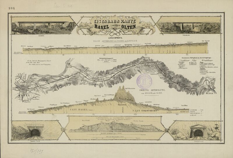 Während Zürich seit Mitte der 1830er-Jahre eine Strecke nach Basel dem Rhein entlang favorisierte, plante Basel den technisch anspruchsvollen Durchstich des Juras mit dem Hauensteintunnel. Die Karte wurde 1853 von der Schweizerischen Centralbahn einem Werbeschreiben für Aktionäre beigelegt und zeigt den Streckenverlauf Basel–Olten sowie das Tunnelprofil. Der Hauensteintunnel wurde schliesslich im Mai 1858 eröffnet – verzögert durch ein schweres Brandunglück im Mai 1857, das 63 Tote forderte.
