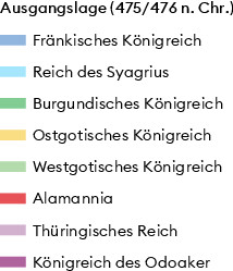 Räumliche Entwicklung ausgewählter frühmittelalterlicher Territorien in Mittel- und Westeuropa zwischen 476 und 814 n. Chr. Es handelte sich um administrative Einheiten, die aus den Schriftquellen bekannt sind und von der älteren Forschung mit bestimmten Völkern gleichgesetzt wurden.