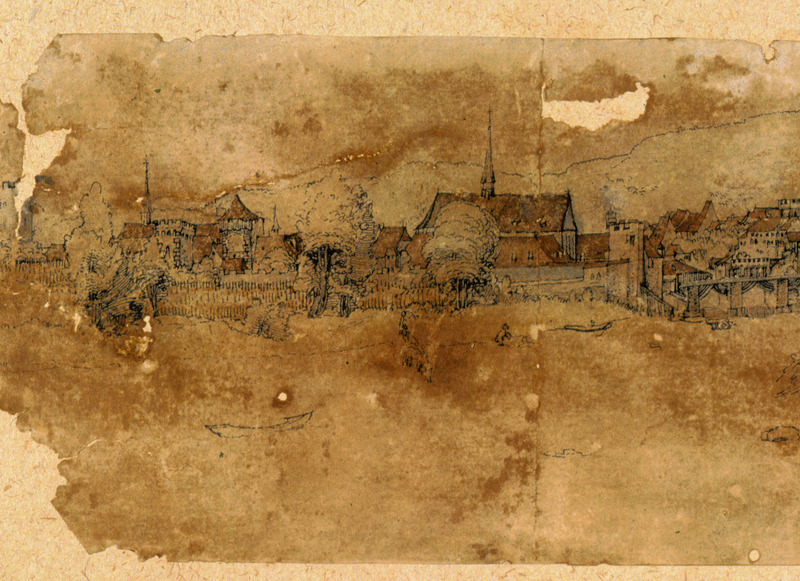 Der Ausschnitt zeigt die Fassaden zum Rhein hin schmucklos, denn die Schauseiten der Häuser waren allein zur Straße hingewandt. Gut erkennbar sind auskragende Fachwerkanbauten, wie sie für das Haus am Totentanz 8 (zur Straße hin) bereits im 13. Jahrhundert anzunehmen sind.