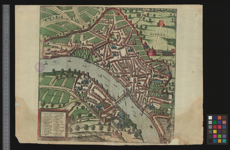 Münsters Vogelschauplan erschien im sechsbändigen Werk ‹Civitates Orbis Terrarum›, das zwischen 1572 und 1618 von Georg Braun in Köln verlegt wurde. Es gab mit ganzseitigen und grösstenteils kolorierten Kupferstichen einen umfassenden Überblick über die Städte der Welt um 1600 und bot den zeitgenössischen Leser:innen damit die Möglichkeit, nicht nur Europa, sondern auch Afrika, Asien und Amerika kennenzulernen.