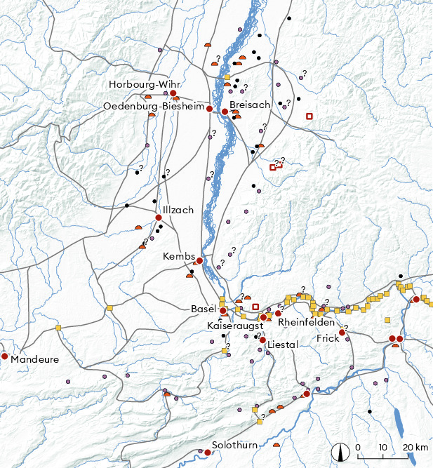 Siedlungslandschaft im Umfeld des Kastells Kaiseraugst gemäss dem aktuellen Forschungsstand. Kartiert sind die bekannten Fundstellen des späten 3. und 4. Jahrhunderts n. Chr.