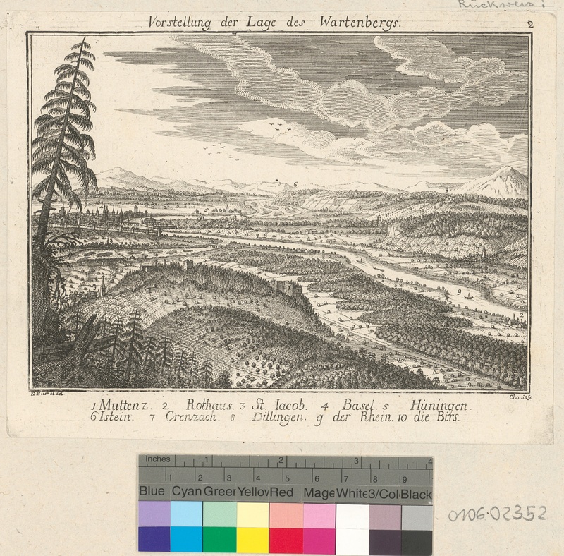 Der Kupferstich von Chovin aus der Monografie von Daniel Bruckner zeigt den Blick über die Oberrheinregion vom Wartenberg aus. Erkennbar sind die historischen Ausläufer des Hardwaldes mit Weideflächen an den Rändern des Waldes.