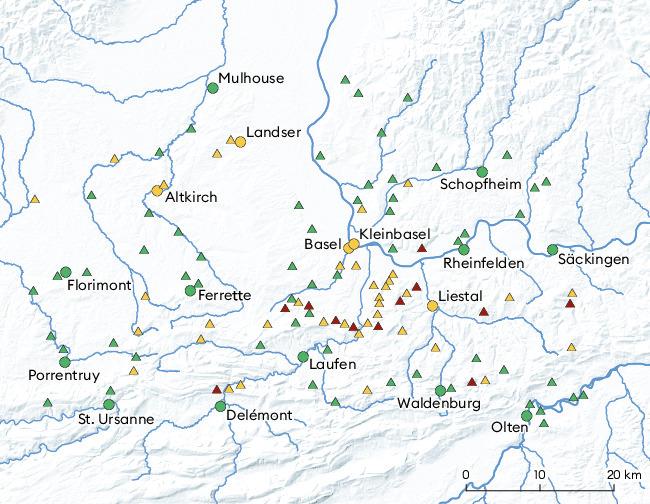 Neben Basel traf das Erdbeben auch andere Städte und vor allem Burgen, die mit ihren hoch aufragenden Türmen besonders gefährdet waren. Die Karte (nach Meyer 2006) beruht auf chronikalischen Berichten und archäologischen Befunden. Sie zeigt auch, wie viele Burgen die Region damals prägten.