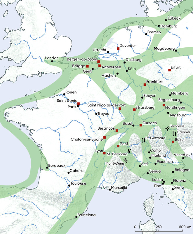 Basel lag im europäischen Handel vor 1500 günstig im Schnittpunkt einer wichtigen Nord-Süd-Achse und der West-Ost-Achse (Kartengrundlage: Irsigler 2003, S. 233).