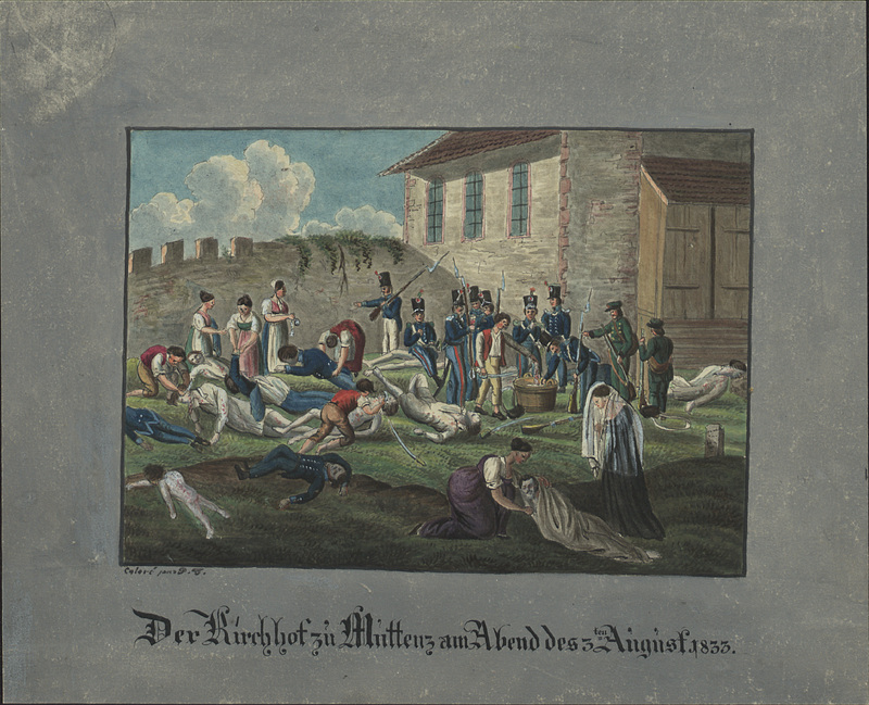 Schandtaten, wie auf dem Aquarell zu sehen, sind nicht nachweisbar. Die Darstellung veranschaulicht aber Gerüchte, die nach der entscheidenden Niederlage der Stadtbasler Truppen an der Hülftenschanze vom 3. August 1833 in der Stadt kursierten: nämlich, dass die Baselbieter gefallene Soldaten verstümmelt hätten, bevor diese im Kirchhof in Muttenz in ein Massengrab geworfen wurden. Den Gerüchten in der Stadt entsprechen frühere auf der Landschaft. Dort hiess es nach den niedergeschlagenen Aufständen von 1831 ebenfalls, die Basler Truppen hätten Greuel begangen.
